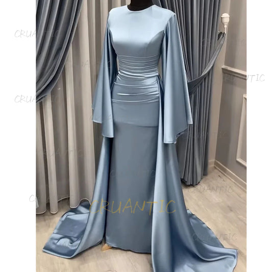 **Elegant Long Sleeve Satin Mermaid Evening Dress – Modest Formal Gown