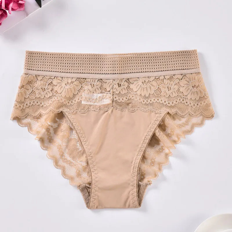 Plus-Size High-Waisted Embroidered Lace Briefs – Comfortable Breathable Underwear