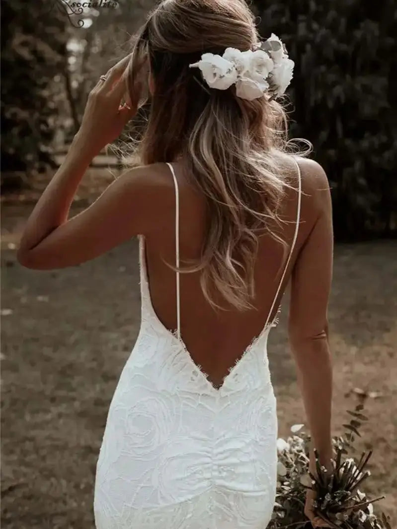 Bohemian Backless Lace Mermaid Wedding Dress – Spaghetti Strap Bridal Gown