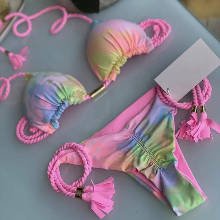Multicolor Backless Rope Triangle Bikini Set – Women’s Swimsuit