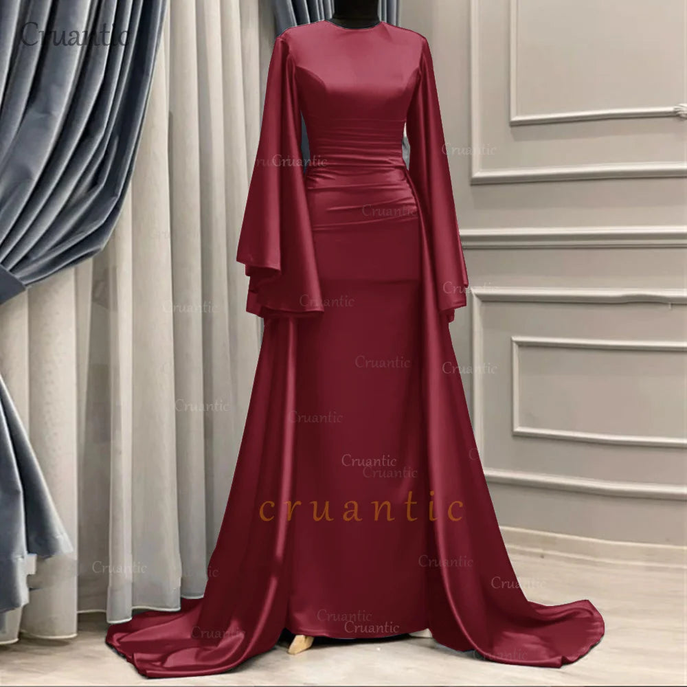 **Elegant Long Sleeve Satin Mermaid Evening Dress – Modest Formal Gown