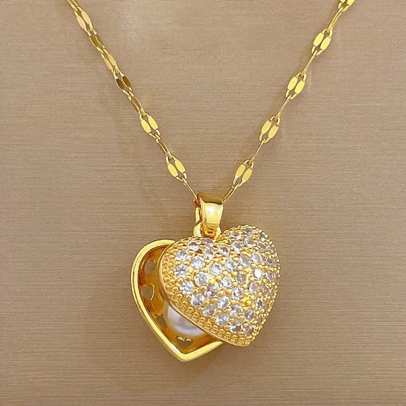 Peach Heart Pearl Oyster Necklace – Stainless Steel Clavicle Chain Jewelry