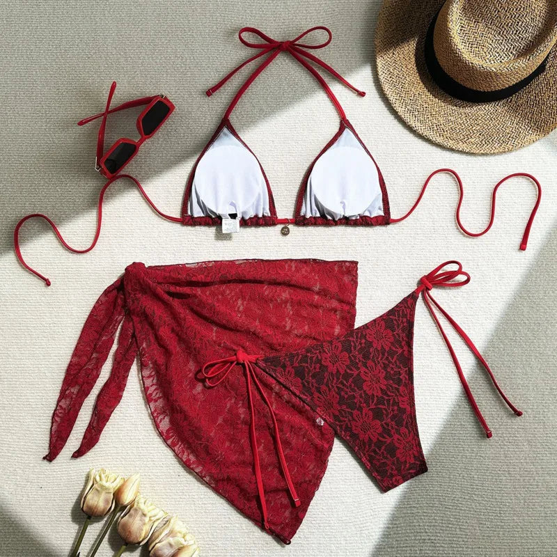 Lace Three-Piece Bikini Set – Women Swimwear
