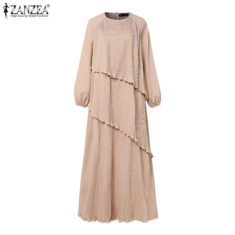 Patchwork Lantern Sleeve Pleated Abaya – Elegant Layered Muslim Maxi Dress