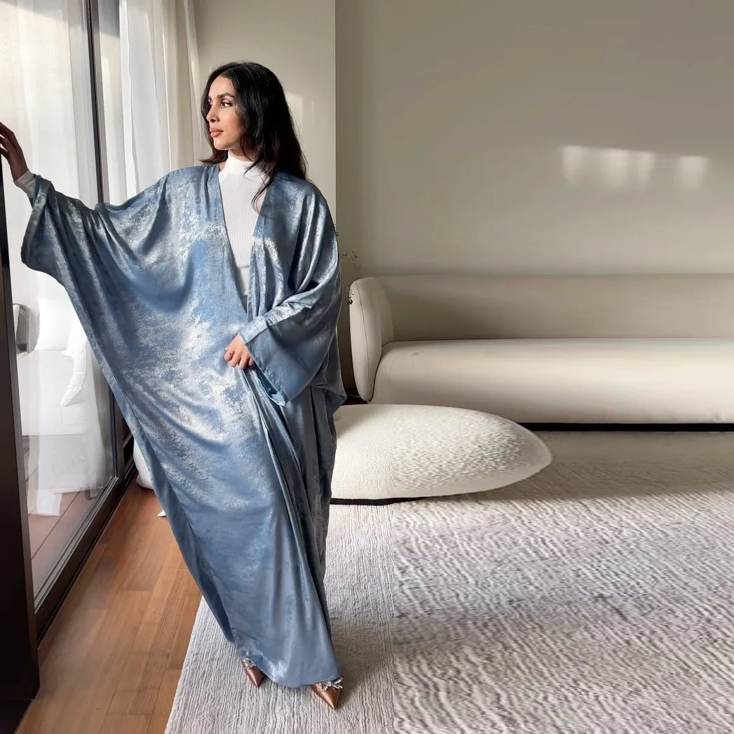 Luxury Satin Open Abaya – Shiny Batwing Eid Party Kaftan Dress