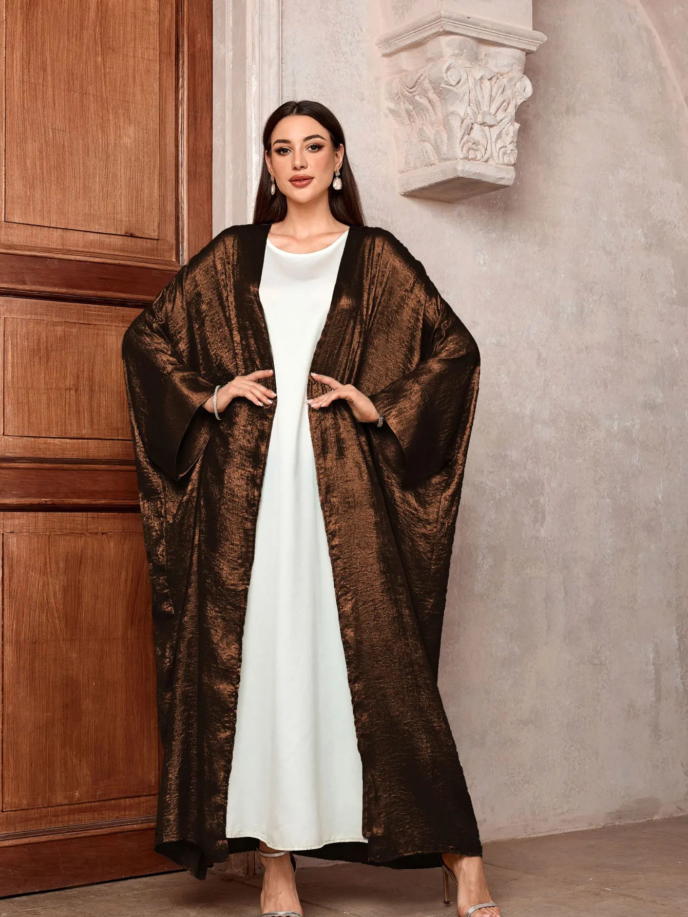 Luxury Satin Open Abaya – Shiny Batwing Eid Party Kaftan Dress