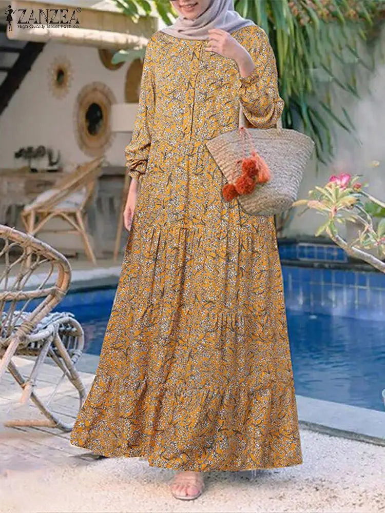 Floral Print Loose Kaftan Dress – Casual Muslim Maxi Abaya 2026