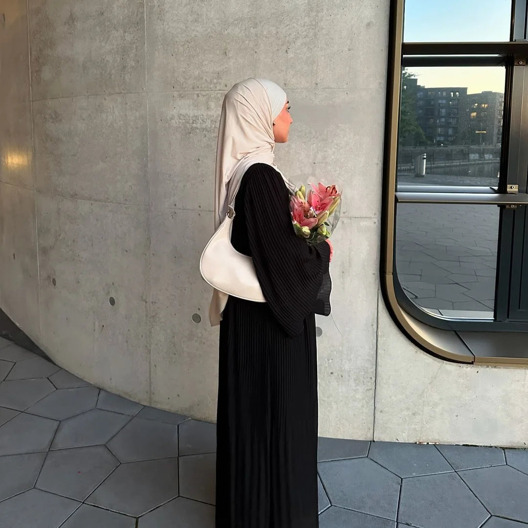 Elegant Pleated Flare Sleeve Kaftan – Muslim Eid Abaya Dress for Women