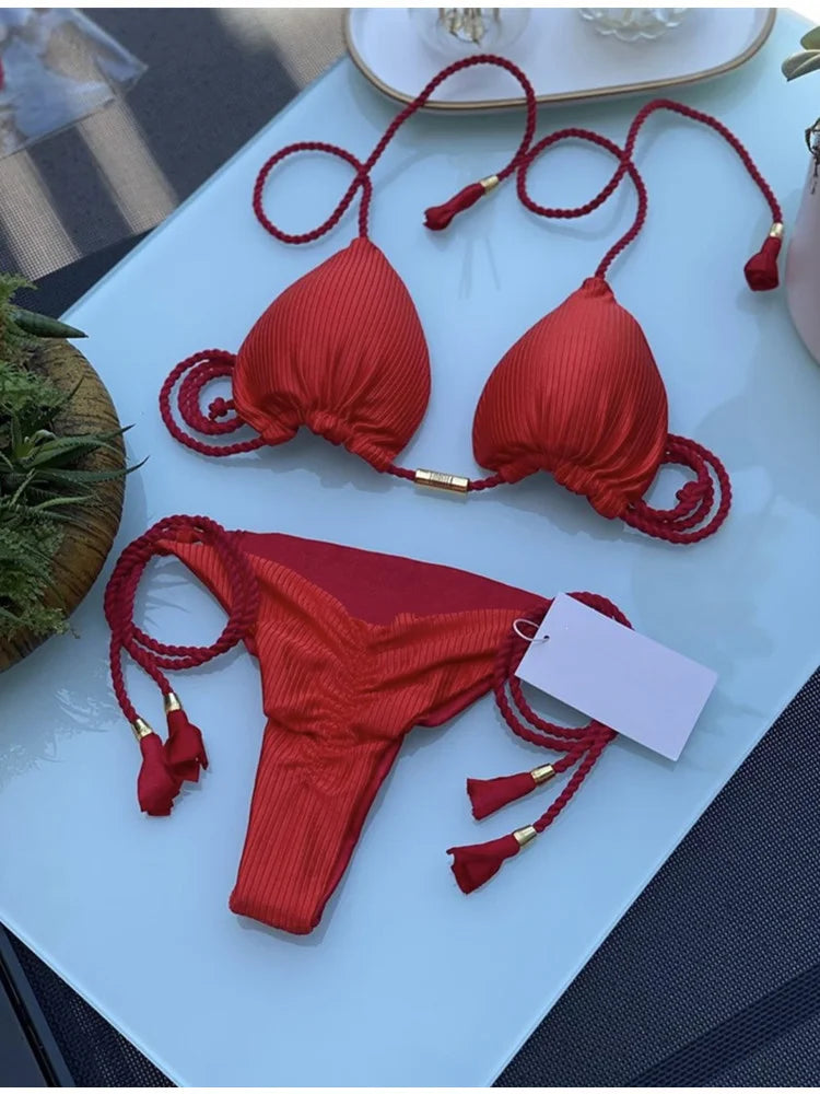 Multicolor Backless Rope Triangle Bikini Set – Women’s Swimsuit