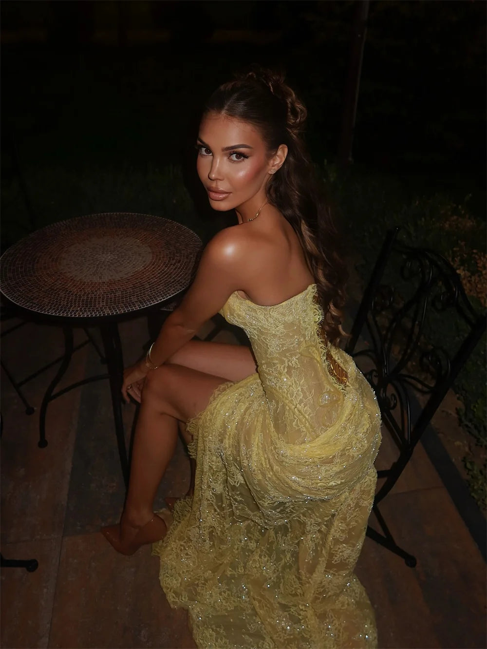 Yellow Lace Sequin Mermaid Prom Dress – Sleeveless High Slit Evening Gown