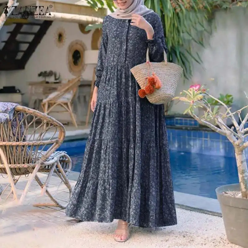 Floral Print Loose Kaftan Dress – Casual Muslim Maxi Abaya 2026