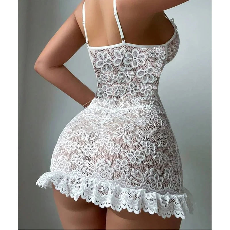 Sheer Hollow Lace Lingerie Set – Bra & Panty Nightdress Style Gown