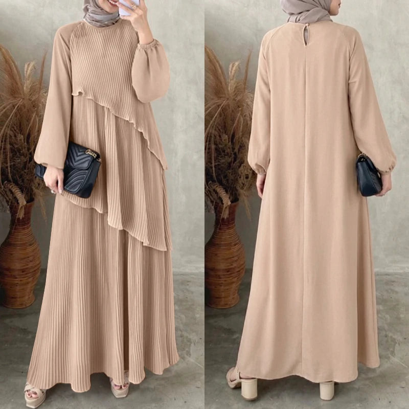 Patchwork Lantern Sleeve Pleated Abaya – Elegant Layered Muslim Maxi Dress