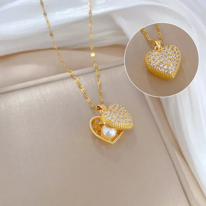 Peach Heart Pearl Oyster Necklace – Stainless Steel Clavicle Chain Jewelry
