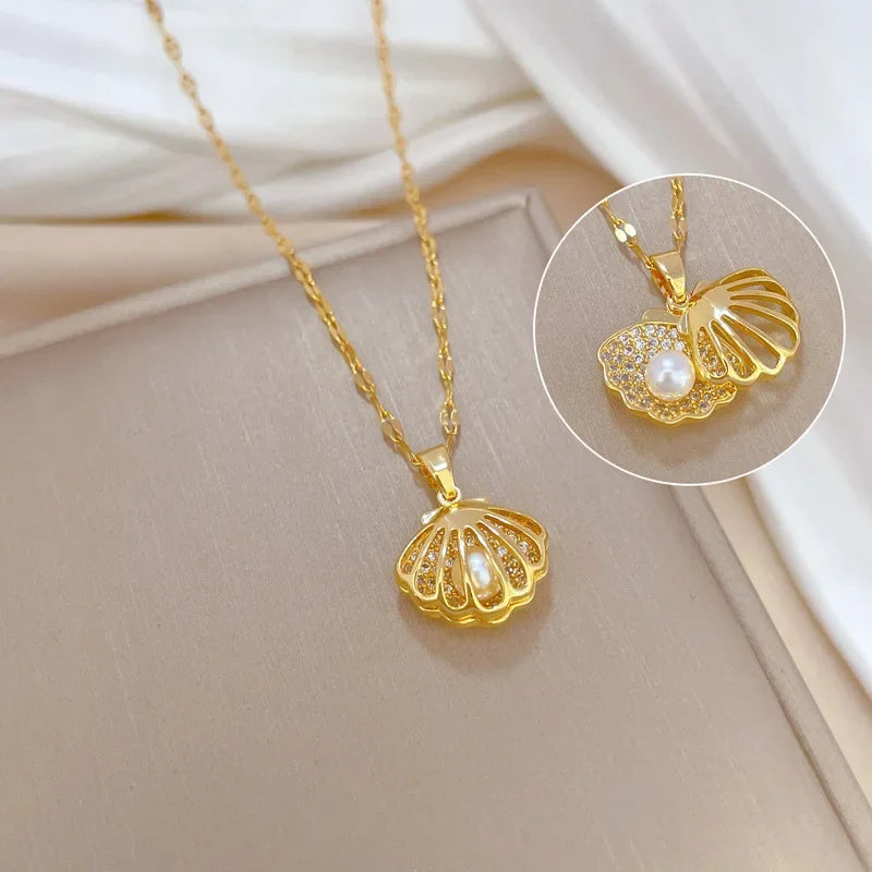 Peach Heart Pearl Oyster Necklace – Stainless Steel Clavicle Chain Jewelry