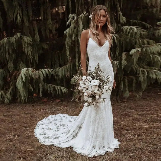 Bohemian Backless Lace Mermaid Wedding Dress – Spaghetti Strap Bridal Gown