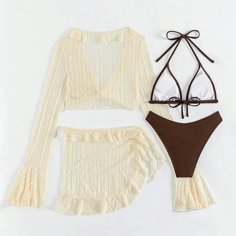 2026 Sexy 4-Piece Bikini Set – Long Sleeve Cover-Up Swimwea