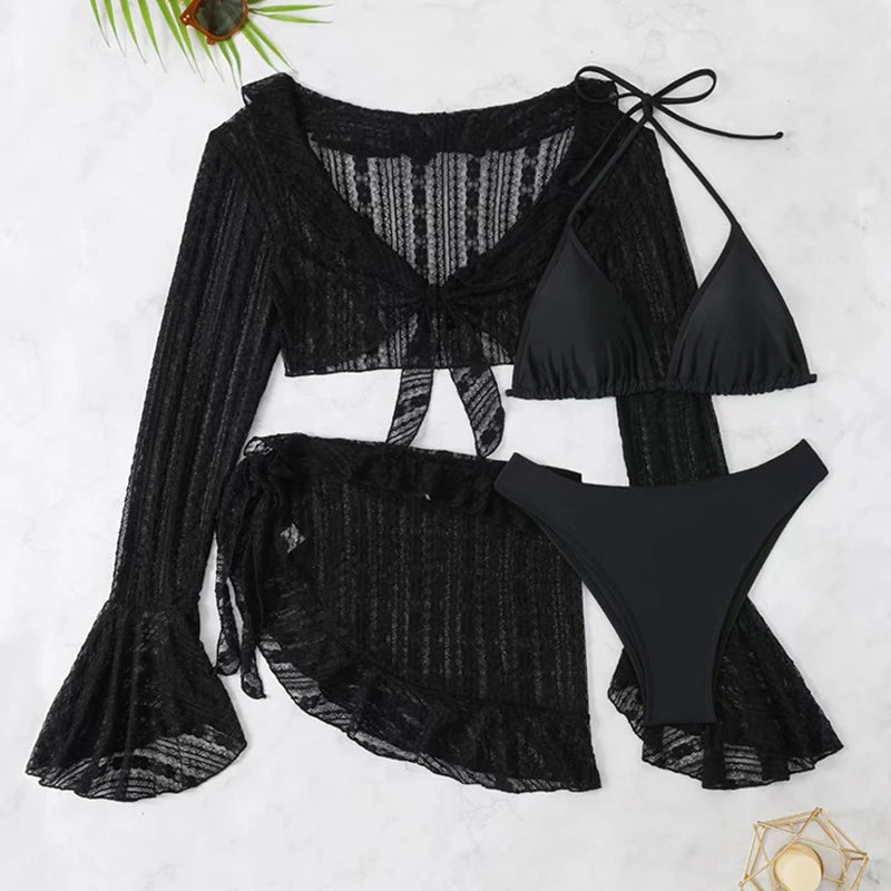 2026 Sexy 4-Piece Bikini Set – Long Sleeve Cover-Up Swimwea