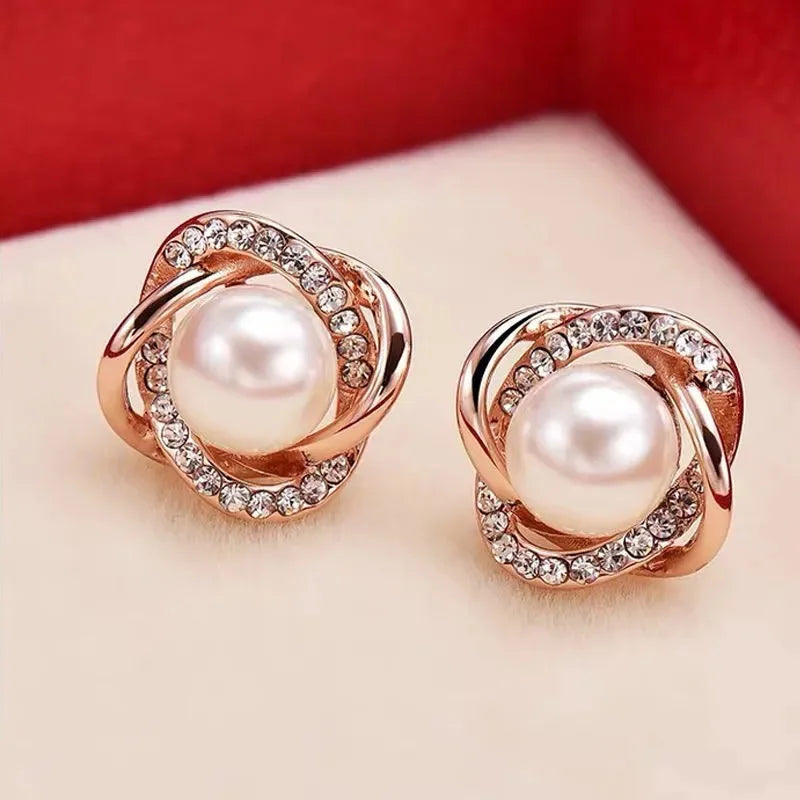 14K Gold Zircon Pearl Twist Stud Earrings – Luxury Women’s Jewelry