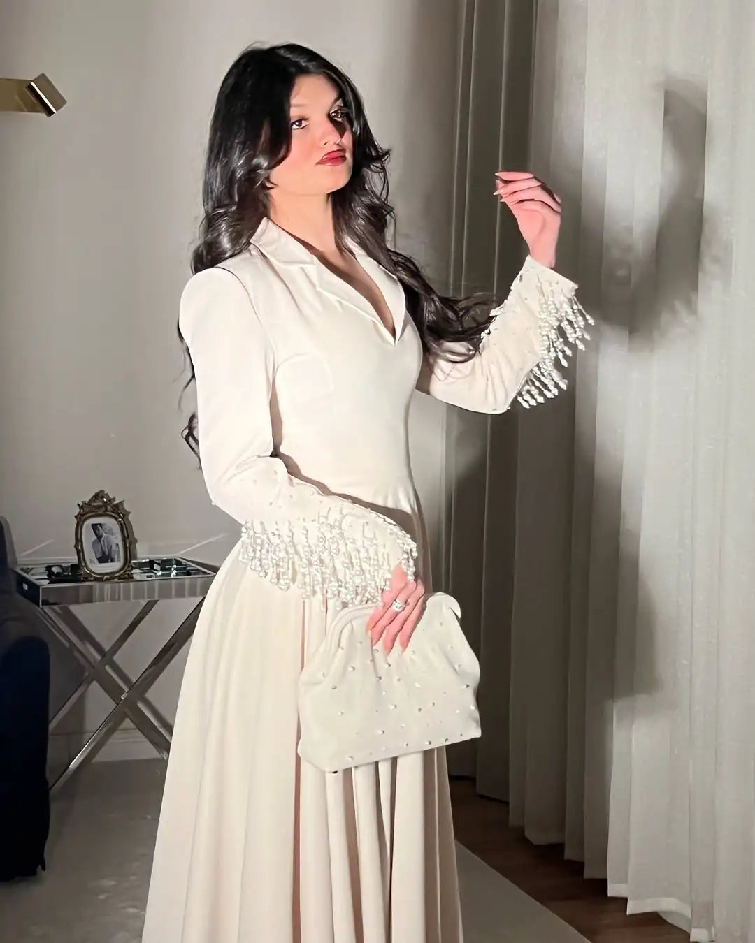 Custom Beaded Pearl V-Neck Long Sleeve Evening Gown – Floor-Length Prom Dress