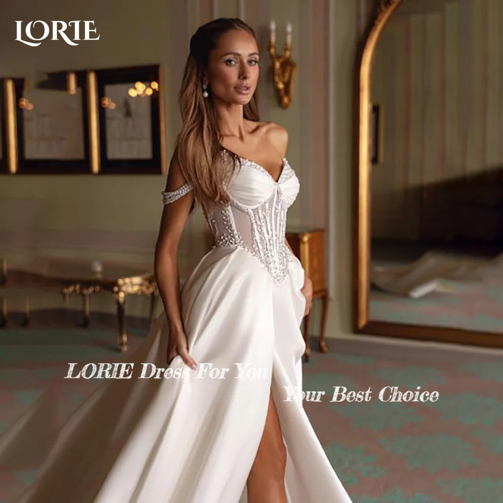 Vintage Pearl Wedding Dress – Off-Shoulder A-Line Bridal Gown