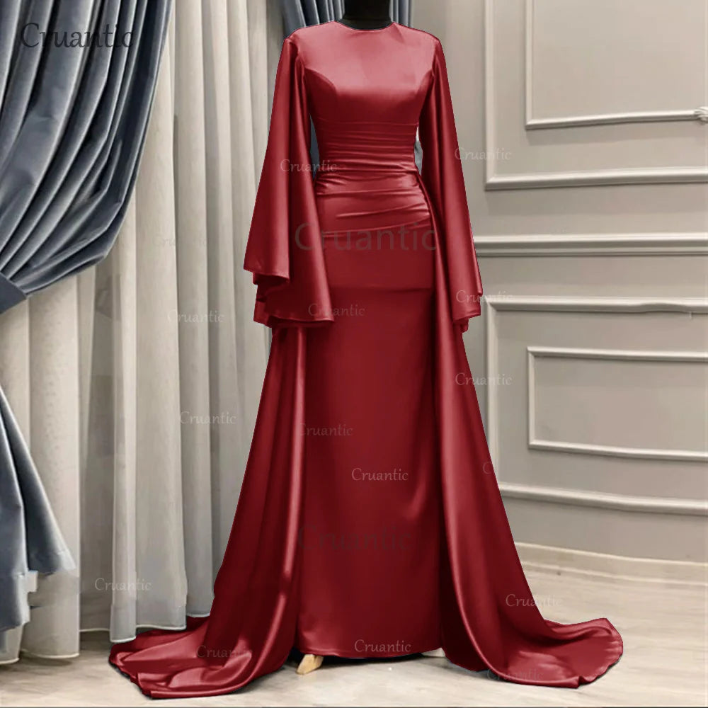 **Elegant Long Sleeve Satin Mermaid Evening Dress – Modest Formal Gown