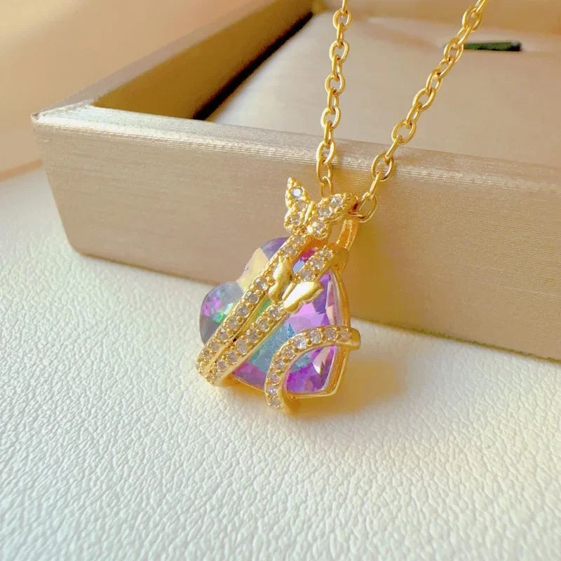 Peach Heart Pearl Oyster Necklace – Stainless Steel Clavicle Chain Jewelry