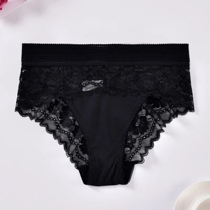 Plus-Size High-Waisted Embroidered Lace Briefs – Comfortable Breathable Underwear