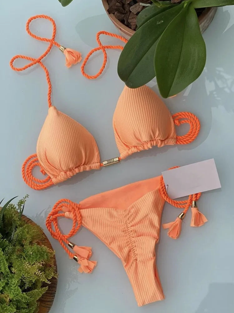 Multicolor Backless Rope Triangle Bikini Set – Women’s Swimsuit