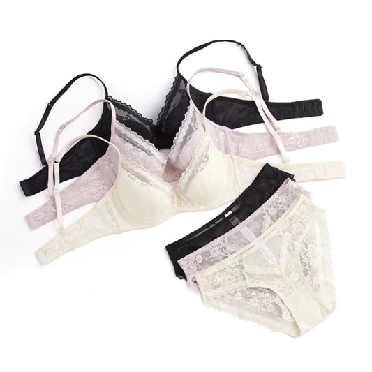 Summer sexy lace embroidered women’s lingerie set, French-style thin cup push-up bra, comfortable and breathable, with matching bra and briefs.
