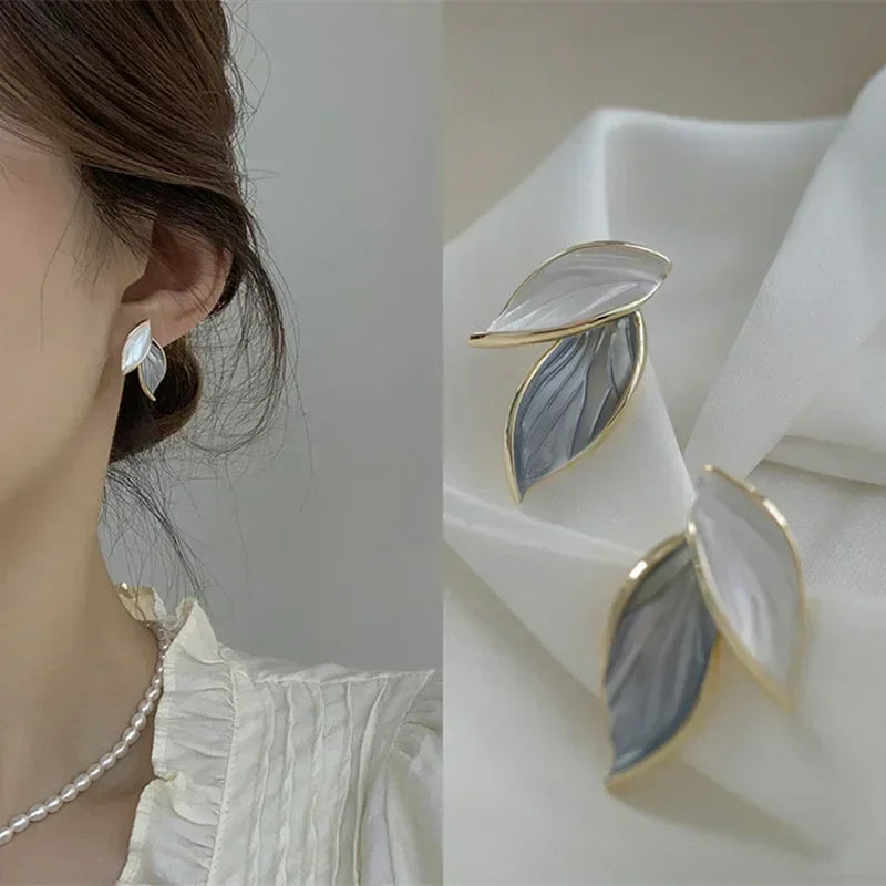 Korean Grey Leaf Metal Stud Earrings – Trendy Women’s Fashion Jewelry
