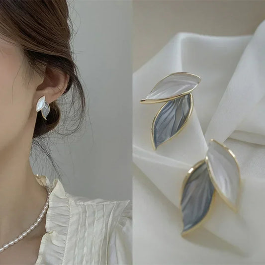 Korean Grey Leaf Metal Stud Earrings – Trendy Women’s Fashion Jewelry