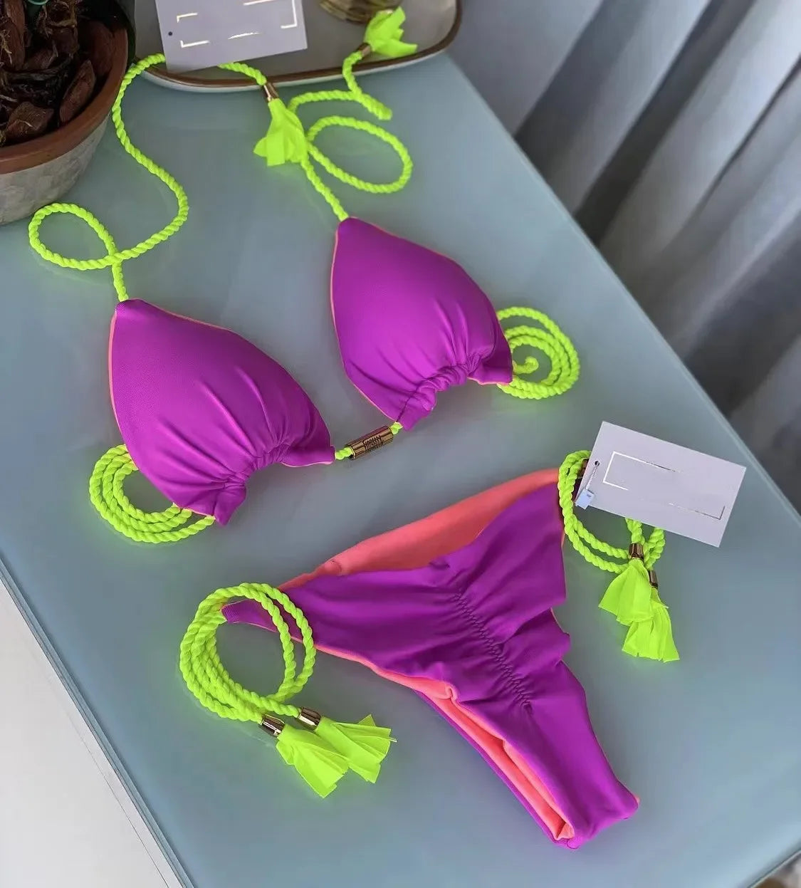 Multicolor Backless Rope Triangle Bikini Set – Women’s Swimsuit