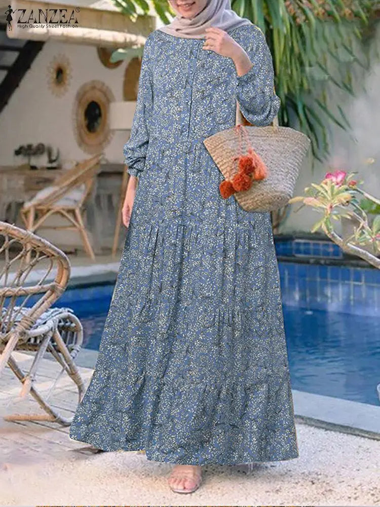 Floral Print Loose Kaftan Dress – Casual Muslim Maxi Abaya 2026
