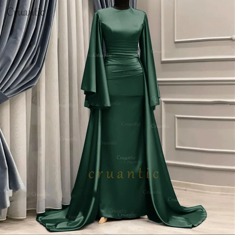 **Elegant Long Sleeve Satin Mermaid Evening Dress – Modest Formal Gown