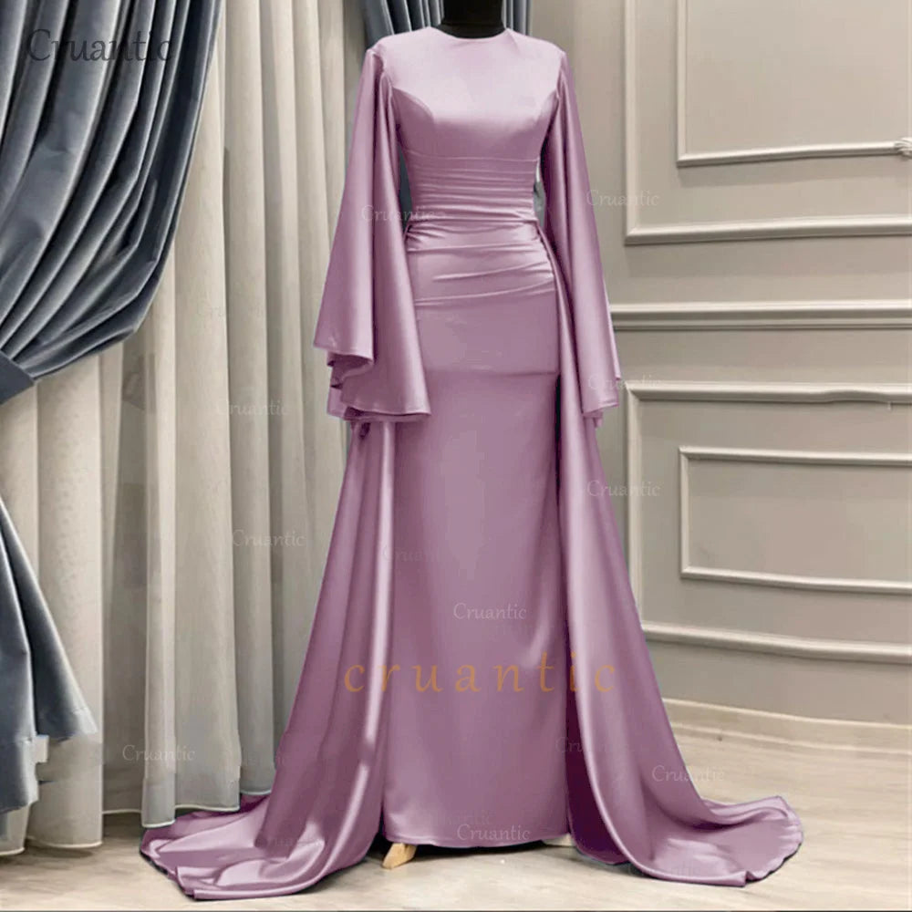 **Elegant Long Sleeve Satin Mermaid Evening Dress – Modest Formal Gown
