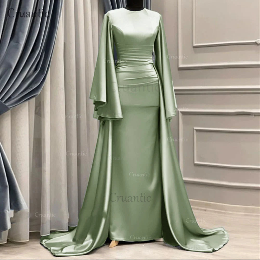 **Elegant Long Sleeve Satin Mermaid Evening Dress – Modest Formal Gown