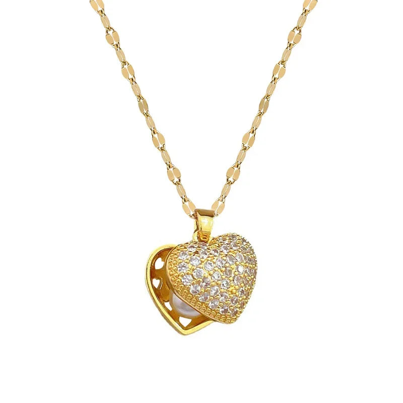 Peach Heart Pearl Oyster Necklace – Stainless Steel Clavicle Chain Jewelry