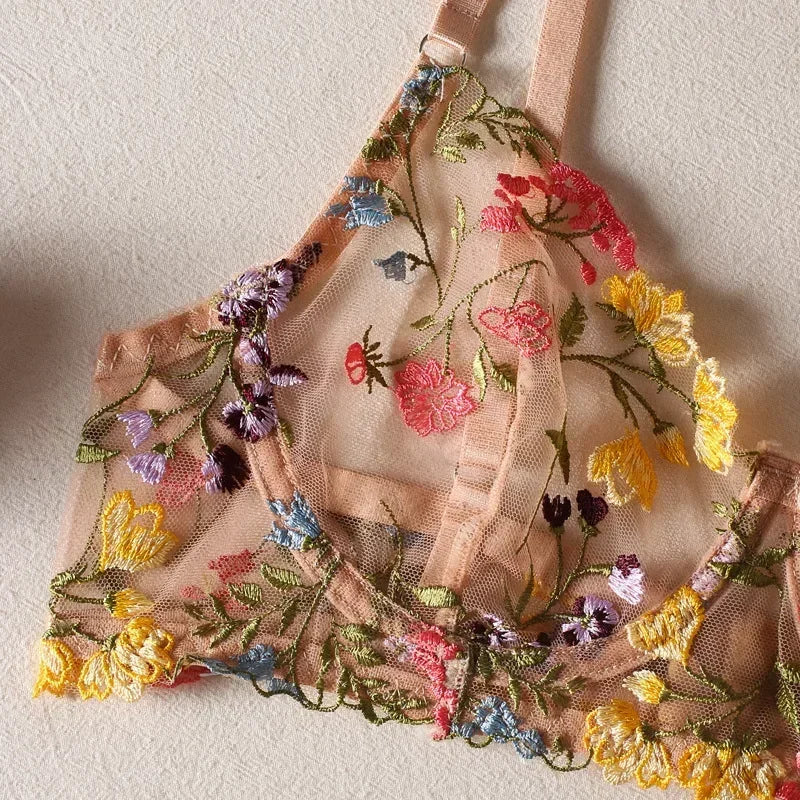 2026 Floral Embroidery Sheer Boho Lingerie Set – Bra & Panty 2-Piece