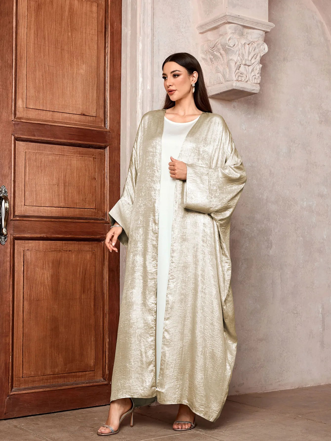 Luxury Satin Open Abaya – Shiny Batwing Eid Party Kaftan Dress