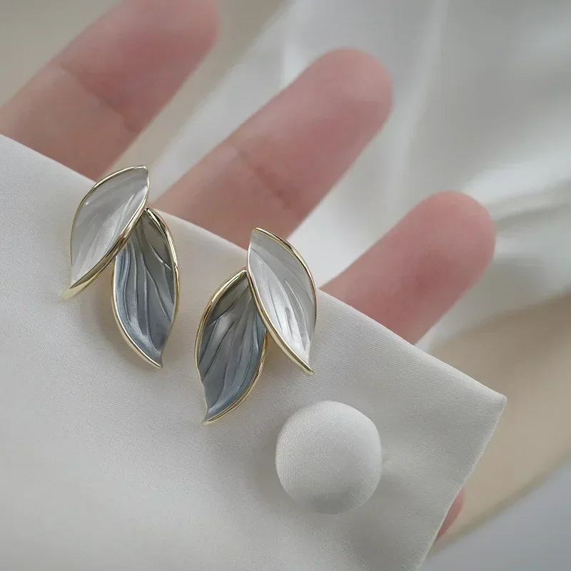 Korean Grey Leaf Metal Stud Earrings – Trendy Women’s Fashion Jewelry