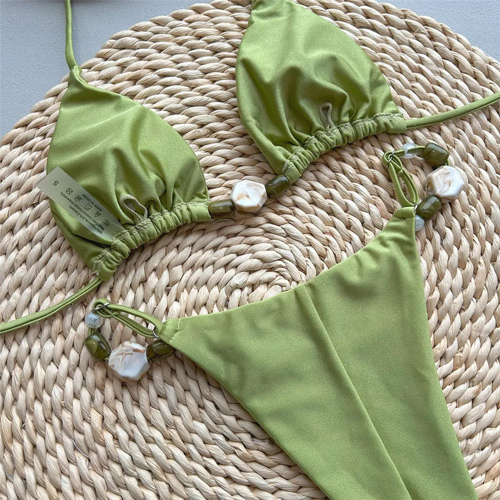Solid Green Halter Bikini Set – Sexy Triangle Swimwear