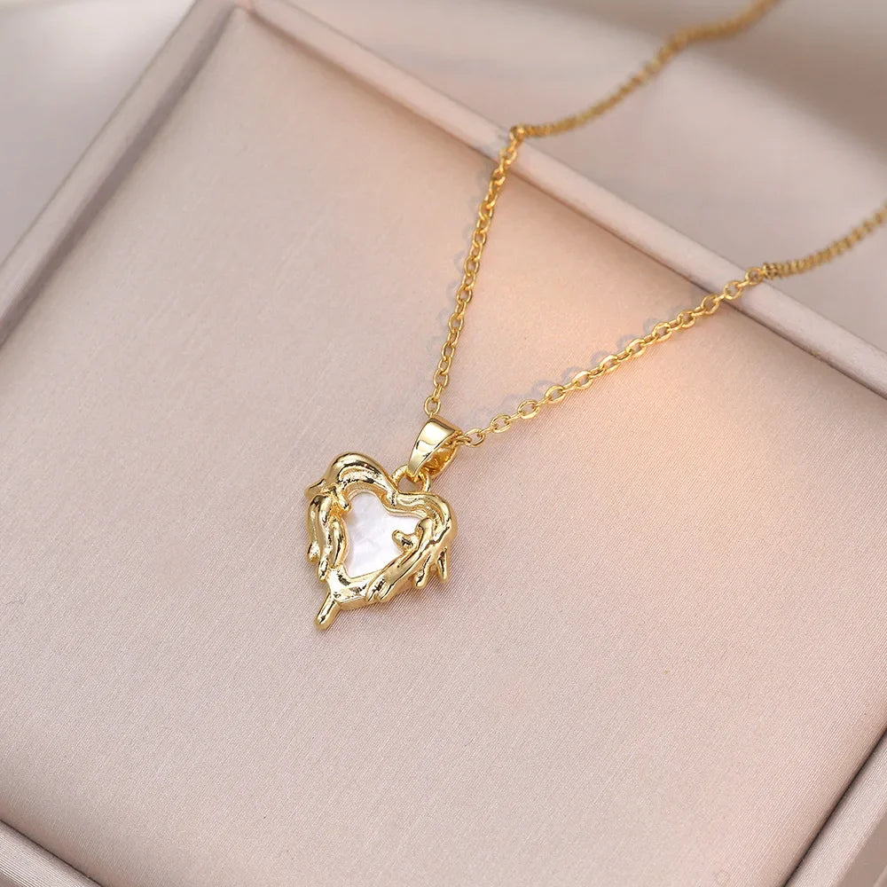 Peach Heart Pearl Oyster Necklace – Stainless Steel Clavicle Chain Jewelry