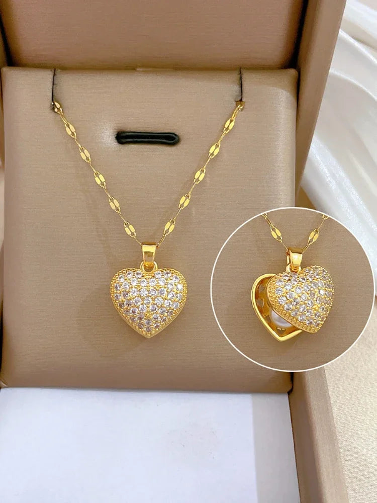 Peach Heart Pearl Oyster Necklace – Stainless Steel Clavicle Chain Jewelry