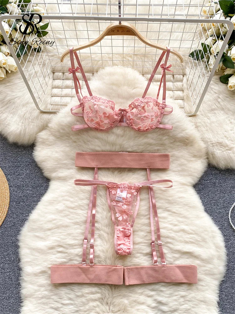 Floral Embroidery Sheer Lingerie Set – Camisole Top with Thong & Bra
