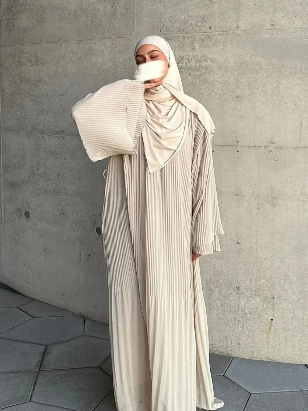 Elegant Pleated Flare Sleeve Kaftan – Muslim Eid Abaya Dress for Women