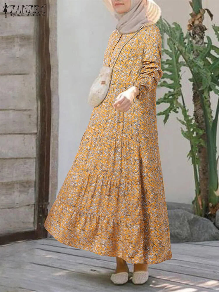 Floral Print Loose Kaftan Dress – Casual Muslim Maxi Abaya 2026