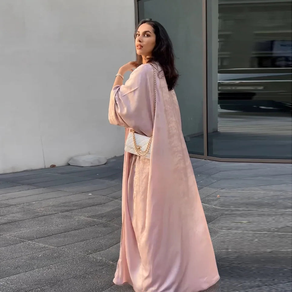 Luxury Satin Open Abaya – Shiny Batwing Eid Party Kaftan Dress