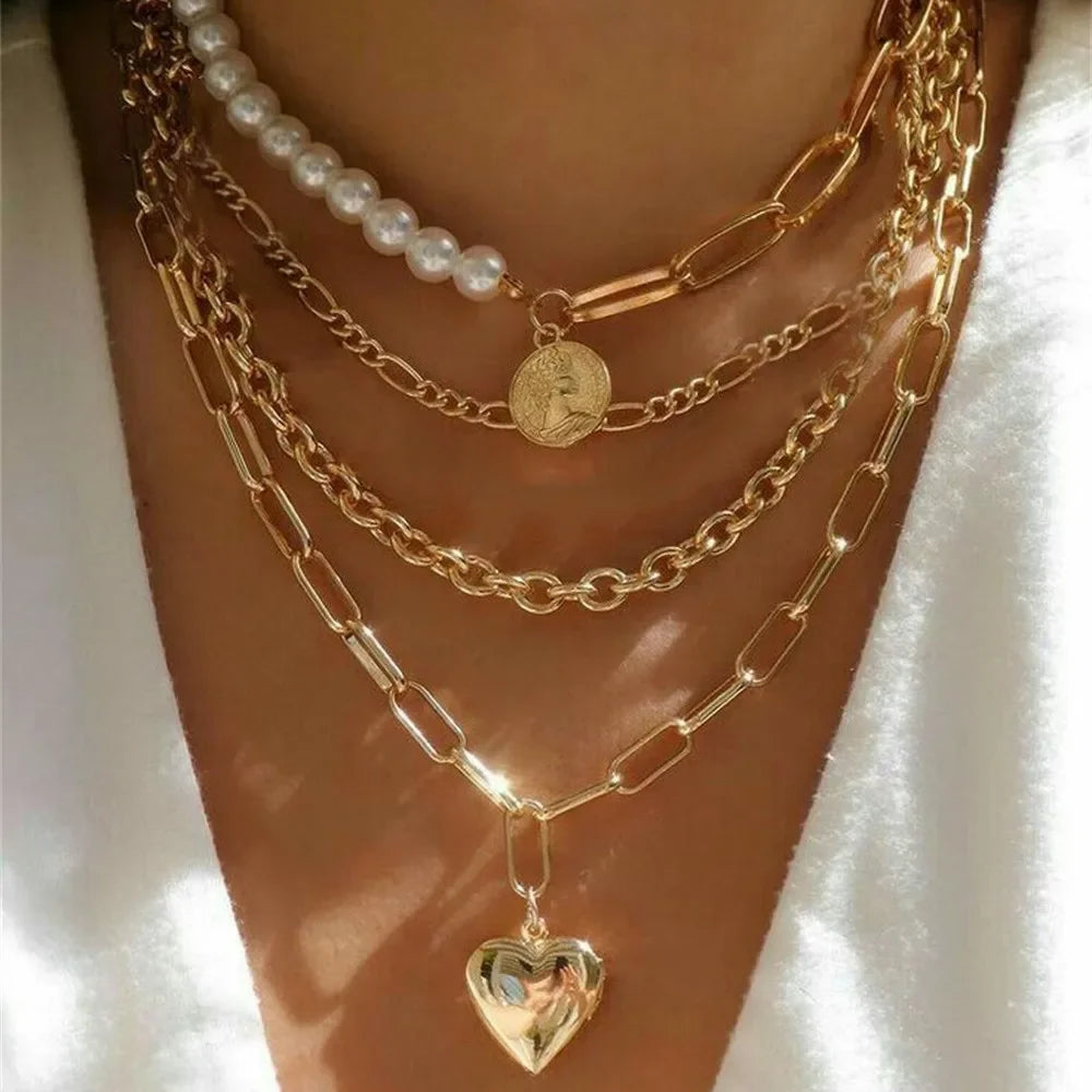 Vintage Punk Gold-Plated Coin Pendant Necklace – Thick Chain Hip Hop Jewelry