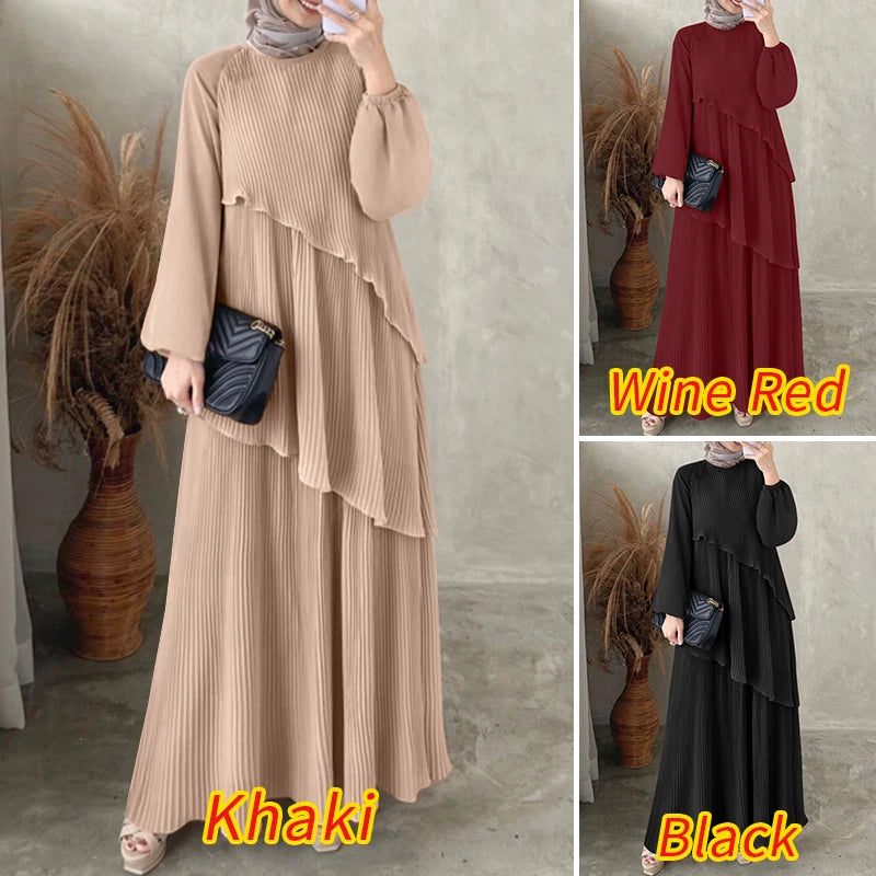 Patchwork Lantern Sleeve Pleated Abaya – Elegant Layered Muslim Maxi Dress